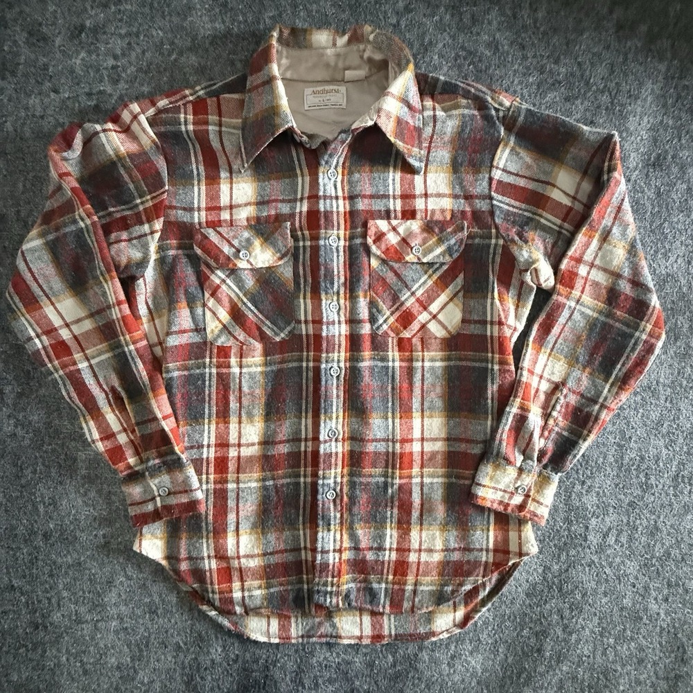 Vtg 70s Andhurst Permanent Press Plaid Flannel Shirt L Dagger Collar Gingham⁠